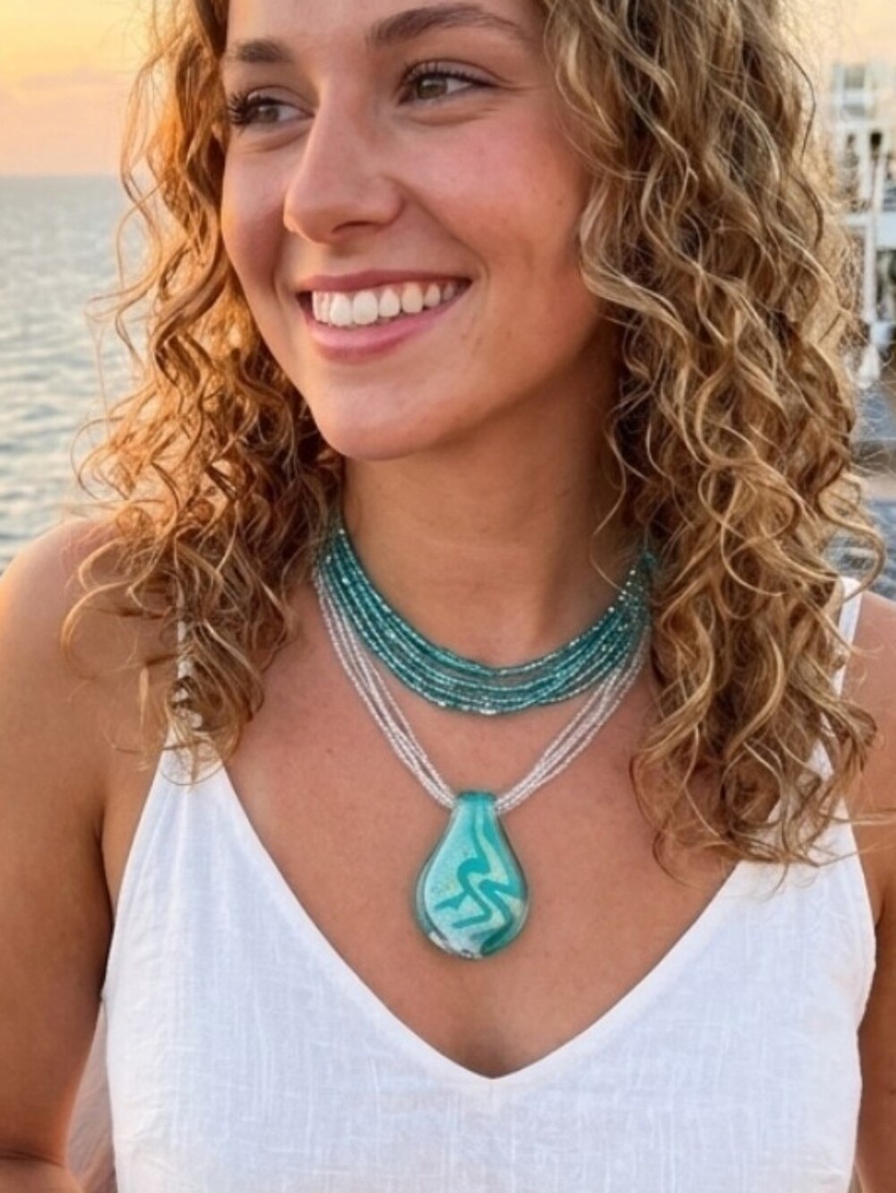 Glass Pendant Blue & Green Shimmer Multi Strand Seed Bead Necklace + BONUS